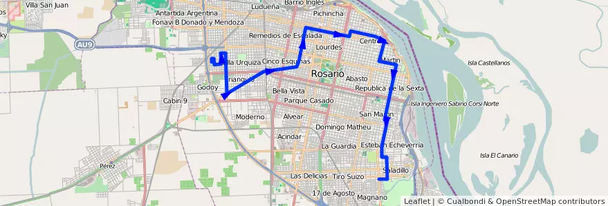 Mapa del recorrido  Roja de la línea 122 en Rosario.