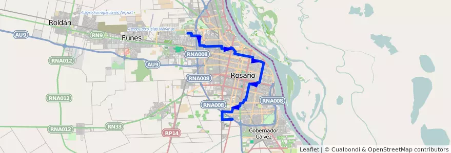 Mapa del recorrido  Roja de la línea 112 en Rosario.