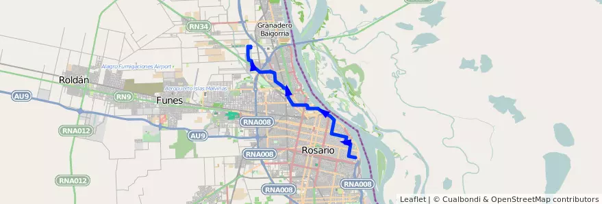 Mapa del recorrido  Roja de la línea 102 en Росарио.