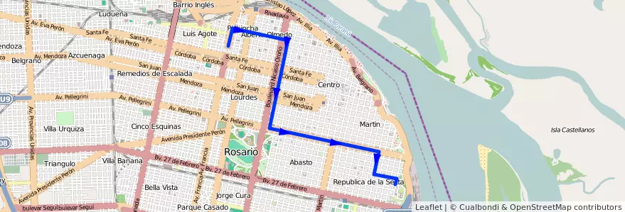 Mapa del recorrido  Roja de la línea 144 en Rosario.