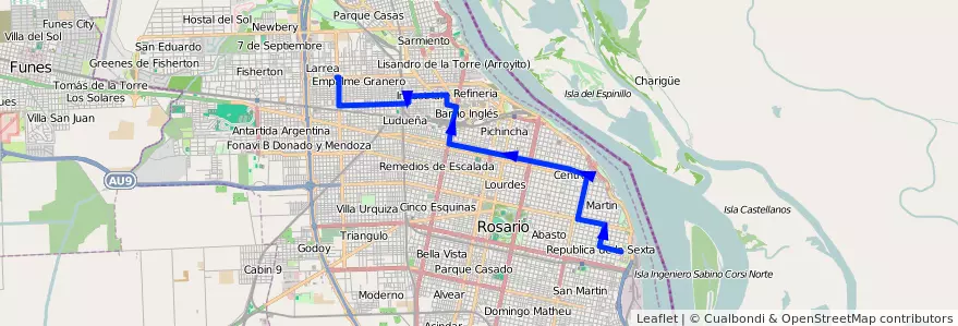 Mapa del recorrido  Roja de la línea 101 en Rosario.