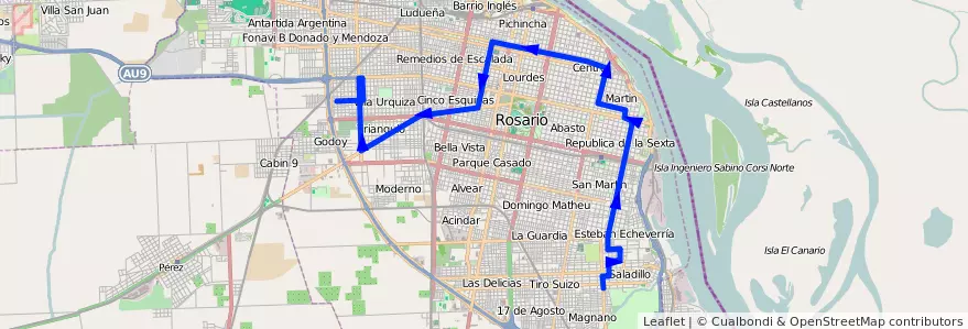 Mapa del recorrido  Roja de la línea 122 en Rosário.