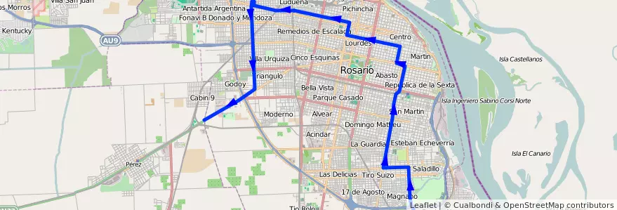 Mapa del recorrido  Roja de la línea 35/9 en 로사리오.