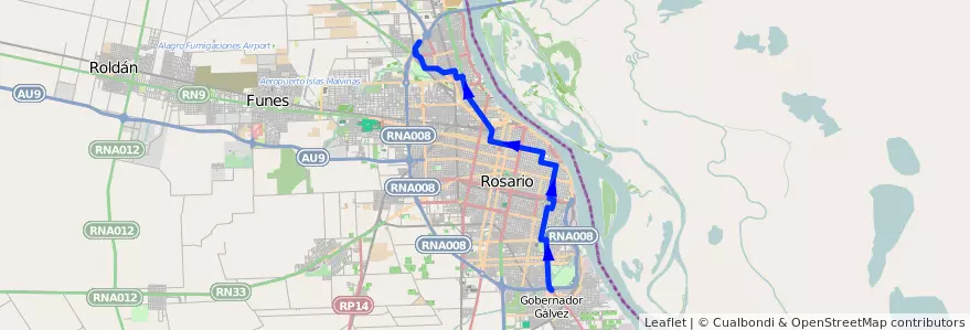 Mapa del recorrido  Roja de la línea 143 en Rosário.