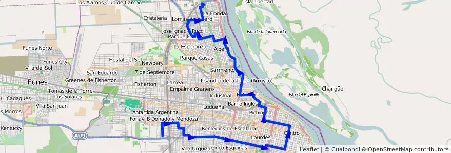 Mapa del recorrido  Roja de la línea 153 en Rosário.