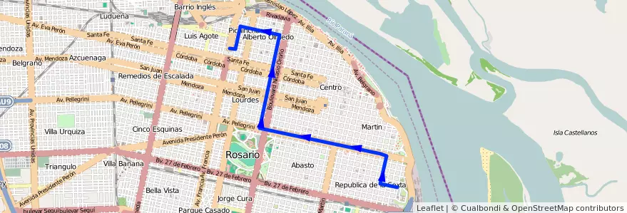 Mapa del recorrido  Roja de la línea 144 en Rosario.