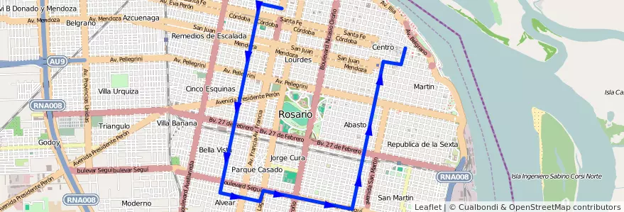 Mapa del recorrido  Roja de la línea 128 en Росарио.
