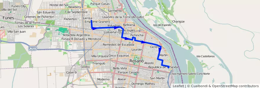 Mapa del recorrido  Roja de la línea 101 en روساريو.