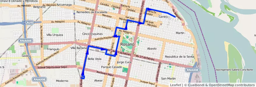Mapa del recorrido  Roja de la línea 126 en Rosário.