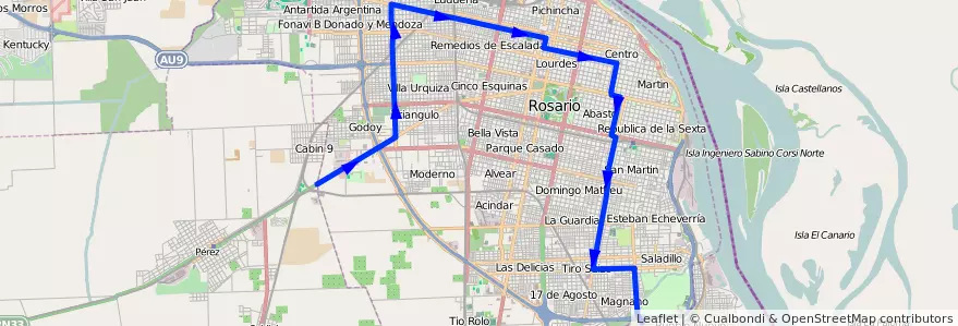 Mapa del recorrido  Roja de la línea 35/9 en Rosário.