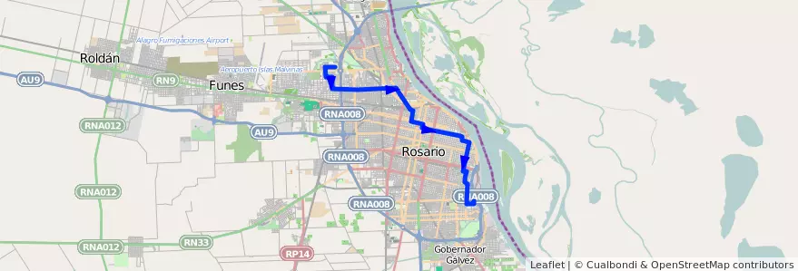 Mapa del recorrido  Roja de la línea 146 en Rosário.