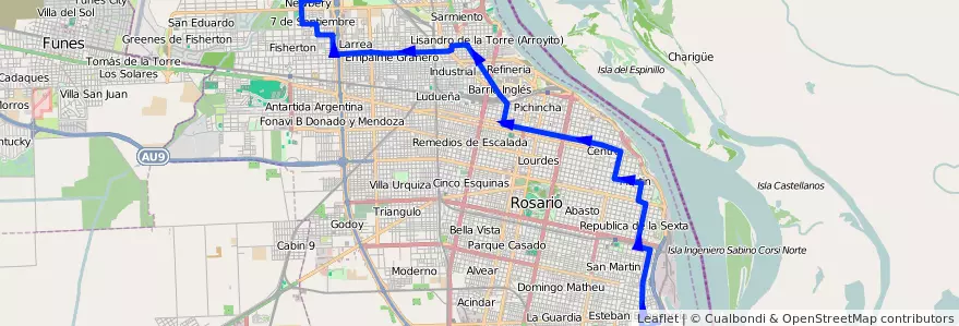 Mapa del recorrido  Roja de la línea 146 en Rosario.