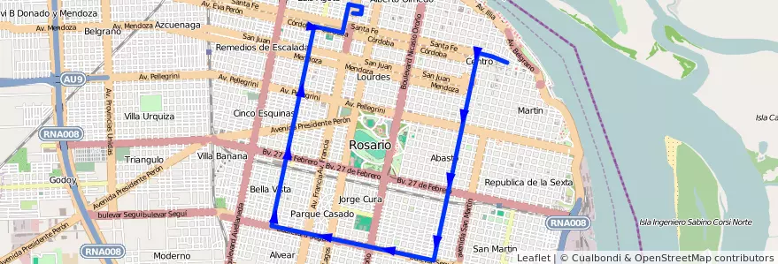 Mapa del recorrido  Roja de la línea 128 en 罗萨里奥.
