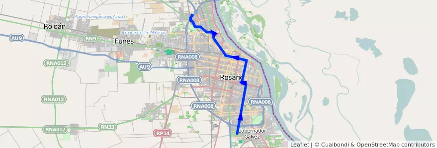 Mapa del recorrido  Roja de la línea 103 en Rosário.