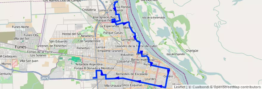 Mapa del recorrido  Roja de la línea 153 en روساريو.