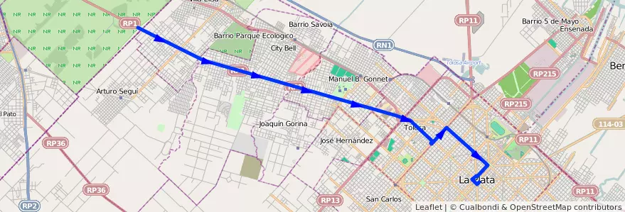 Mapa del recorrido Rondin 4 de la línea 273 en Partido de La Plata.
