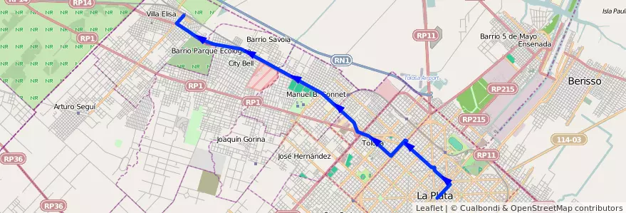 Mapa del recorrido Rondin 6 de la línea 273 en Partido de La Plata.