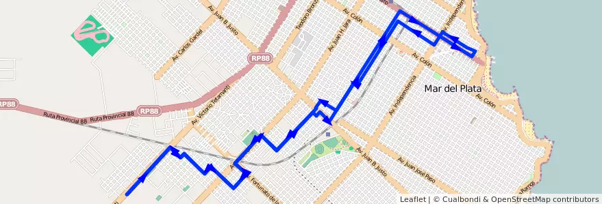 Mapa del recorrido Rondin de la línea 525 en Mar del Plata.
