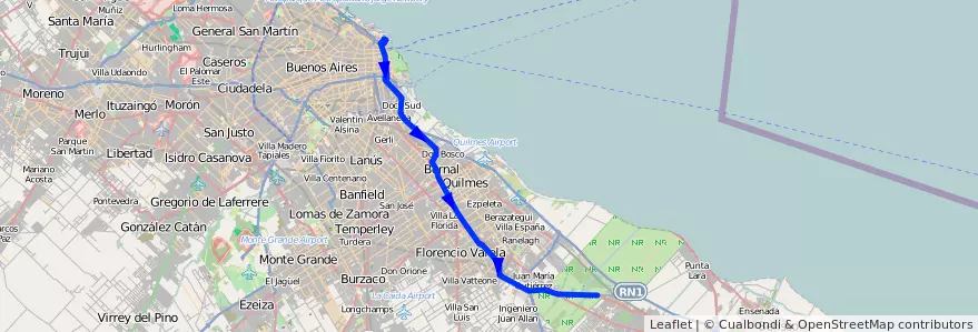 Mapa del recorrido RR Retiro-La Plata de la línea 129 en Buenos Aires.