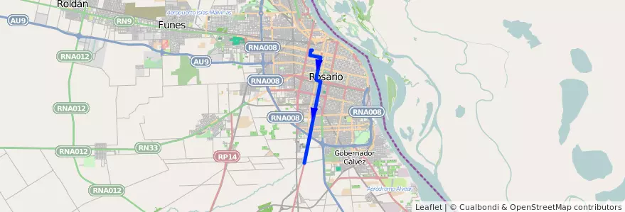 Mapa del recorrido  Ruta 18 de la línea TIRSA en روساريو.