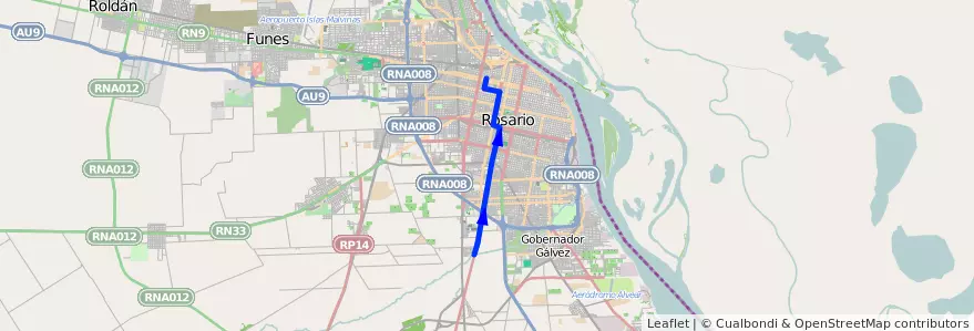 Mapa del recorrido  Ruta 18 de la línea TIRSA en Rosário.