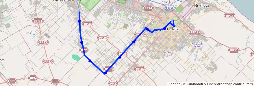 Mapa del recorrido Ruta 2 de la línea 215 en Partido de La Plata.