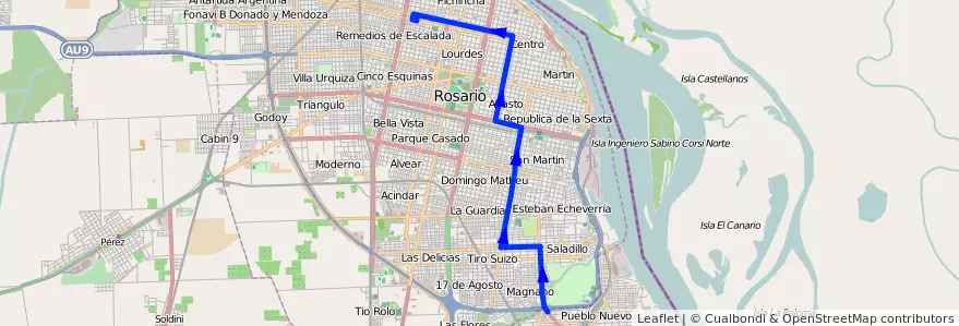 Mapa del recorrido  Ruta 21 de la línea TIRSA en 로사리오.