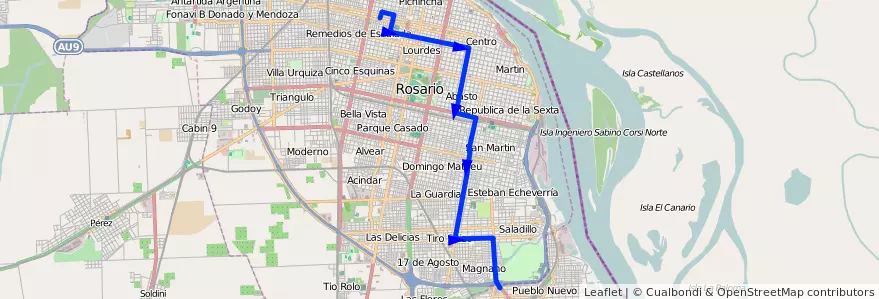 Mapa del recorrido  Ruta 21 de la línea TIRSA en Rosario.