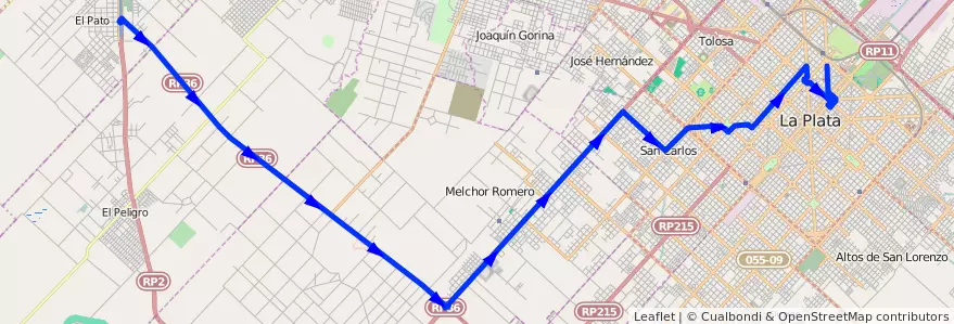 Mapa del recorrido Ruta 36 de la línea 215 en Partido de La Plata.