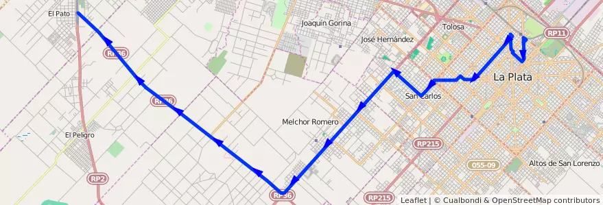 Mapa del recorrido Ruta 36 de la línea 215 en Partido de La Plata.
