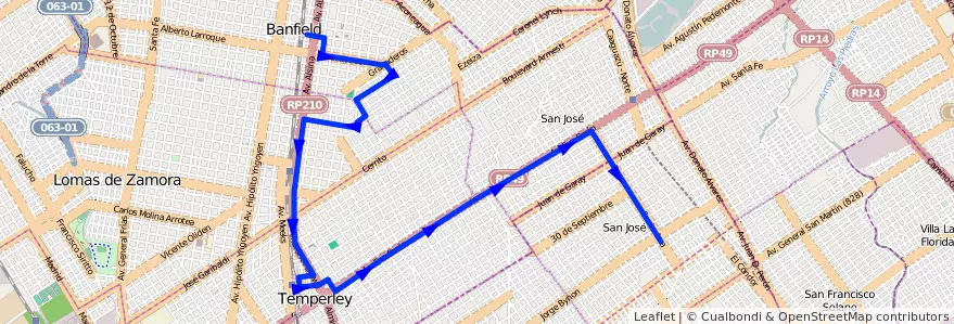 Mapa del recorrido S Banfield-Almte.Brow de la línea 278 en Partido de Lomas de Zamora.