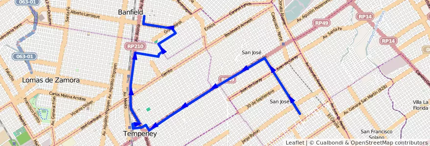 Mapa del recorrido S Banfield-Almte.Brow de la línea 278 en Partido de Lomas de Zamora.
