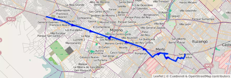 Mapa del recorrido S.A.de Padua-B. Güeme de la línea 327 en Provincia di Buenos Aires.