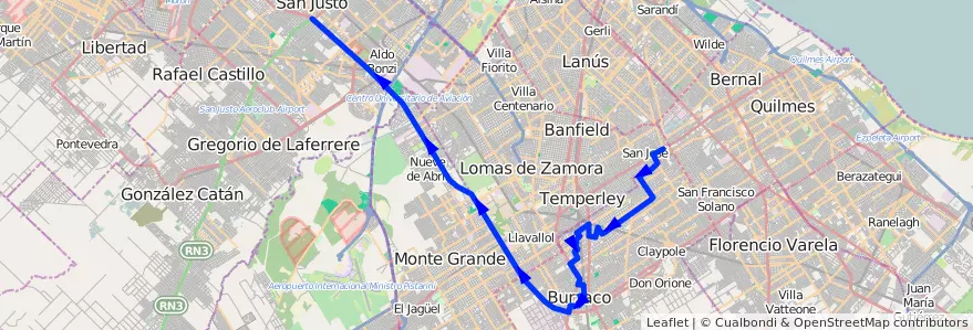 Mapa del recorrido San Justo-Est.Pasco de la línea 406 en Provincia di Buenos Aires.