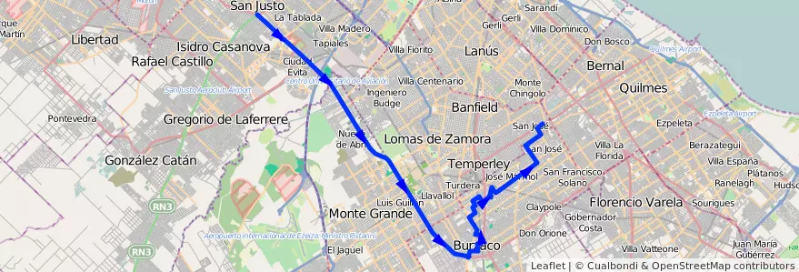 Mapa del recorrido San Justo-Est.Pasco de la línea 406 en 布宜诺斯艾利斯省.