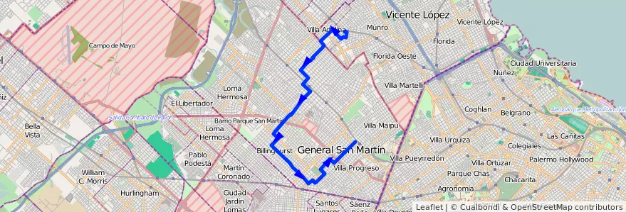 Mapa del recorrido San Martin-Vte.Lopez de la línea 252 en Partido de General San Martín.