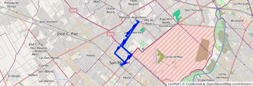 Mapa del recorrido San Miguel Rec.3 Rama de la línea 440 en 布宜诺斯艾利斯省.