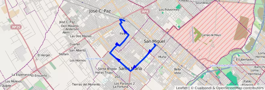 Mapa del recorrido San Miguel Rec.7 de la línea 440 en Provinz Buenos Aires.
