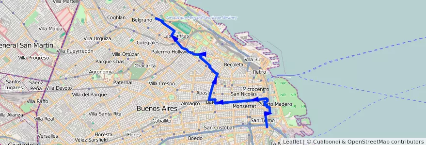 Mapa del recorrido San Telmo-Barracas de la línea 64 en Буэнос-Айрес.
