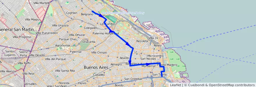 Mapa del recorrido San Telmo-Barracas de la línea 64 en Ciudad Autónoma de Buenos Aires.