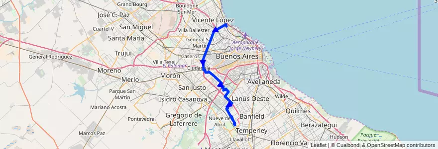 Mapa del recorrido Santa Marta de la línea 117 en Argentina.