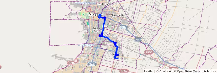 Mapa del recorrido SD - Servicio Diferencial: Maipú - Mendoza de la línea G10 en Mendoza.