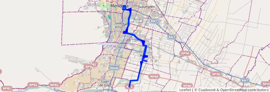 Mapa del recorrido SD - Servicio Diferencial: Maipú - Mendoza - Recoaro de la línea G10 en Мендоса.