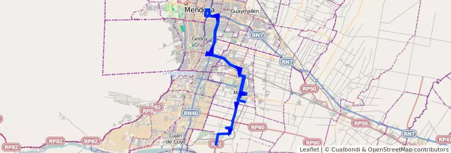 Mapa del recorrido SD - Servicio Diferencial: Maipú - Mendoza - Recoaro - entrada al Cementerio Oasis de Paz  de la línea G10 en メンドーサ州.