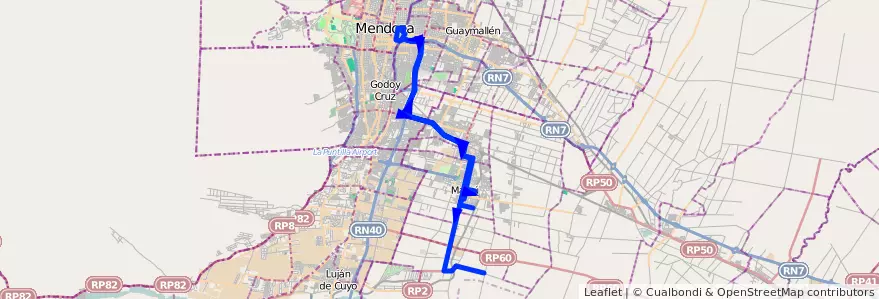 Mapa del recorrido SD - Servicio Diferencial: Maipú - Mendoza - Tres Esquinas de la línea G10 en Mendoza.