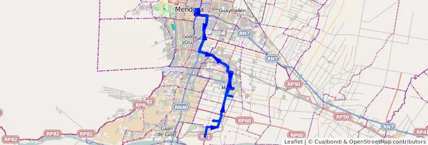 Mapa del recorrido SD - Servicio Diferencial: Recoaro - Mendoza - Maipú - entrada al Cementerio Oasis de Paz de la línea G10 en Мендоса.