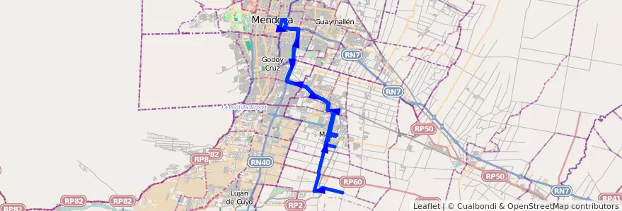 Mapa del recorrido SD - Servicio Diferencial: Tres Esquinas - Mendoza - Maipú de la línea G10 en Мендоса.