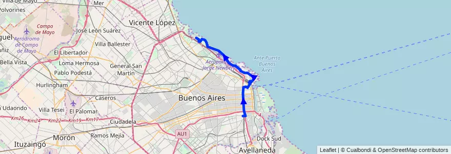 Mapa del recorrido Semirápido a Ciudad Universitaria  de la línea 45 en Ciudad Autónoma de Buenos Aires.