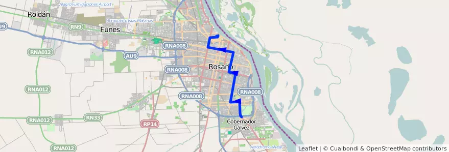 Mapa del recorrido  Semirápido de la línea M en Rosário.
