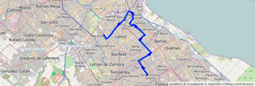 Mapa del recorrido S.Fco Solano-Fiorito de la línea 247 en Buenos Aires.